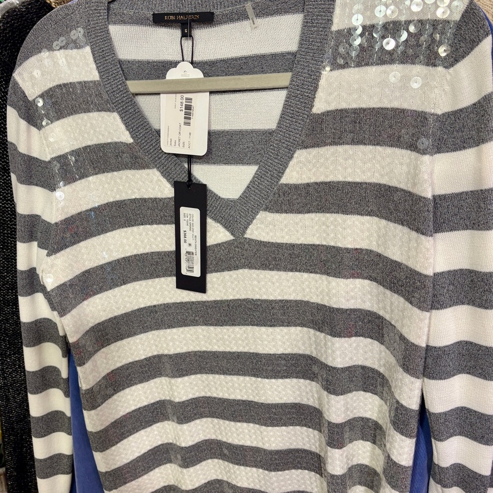 Kobi Halperin Gray and White Striped V-Neck Sweater with Shoulder Sequins